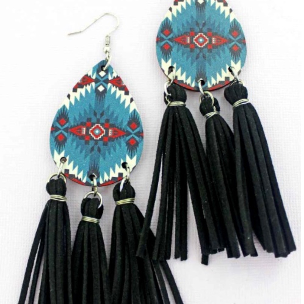 Aztec Wood Leather Teardrop Tassel Fringe Earrings